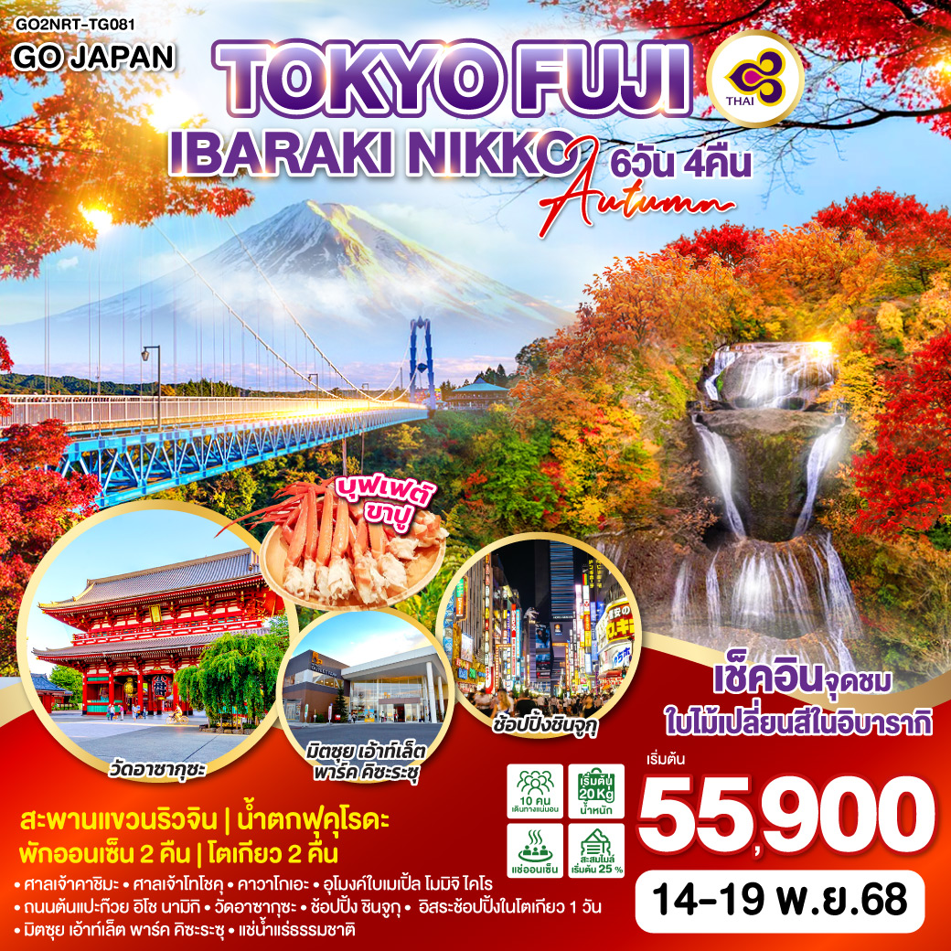 ทัวร์ญี่ปุ่น TOKYO FUJI IBARAKI NIKKO AUTUMN 6วัน 4คืน (TG)